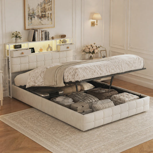 Boxspring Bed 140x200 met Hydraulische Opbergruimte en Multifunctioneel Hoofdbord - Velvet