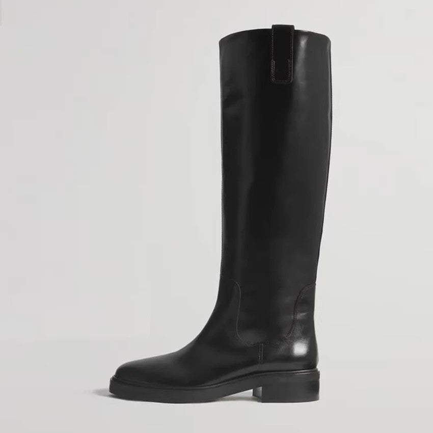 Luxe Bruine Leren Dames Laarzen - Kniehoog, Vierkante Hak & Ronde Neus