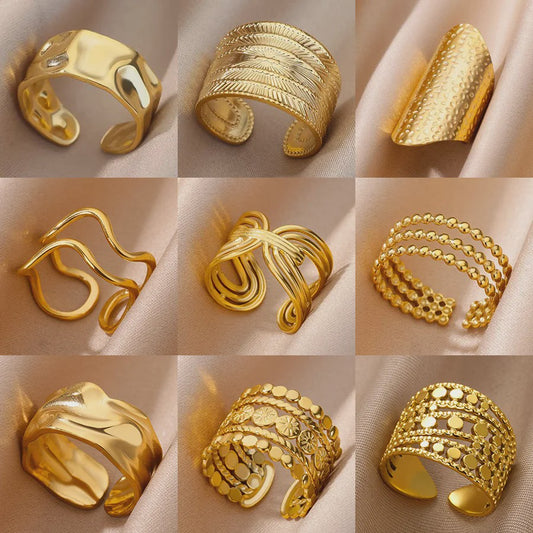 Gouden Ringen Dames - Roestvrij Staal Chunky Open Ringen Vintage Geometrisch Design