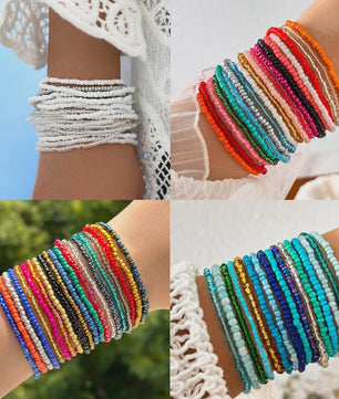 Set van 7 Elastische Rijstkorrel Armbanden - Handgeweven Kleurverloop & Dopamine Stijl