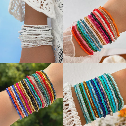 Set van 7 Elastische Rijstkorrel Armbanden - Handgeweven Kleurverloop & Dopamine Stijl