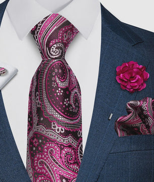 Luxe Heren Set: Paarse Paisley Stropdas, Manchetknopen, Pochet & Boutonnière - 8cm Breed