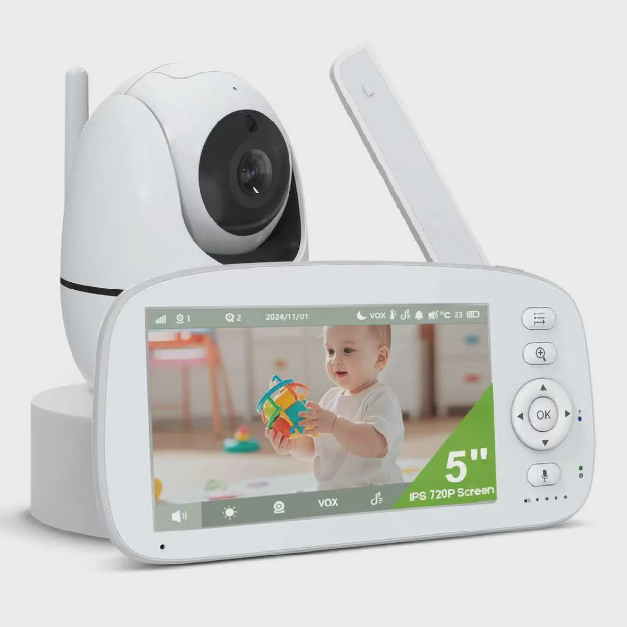 Babyfoon met 720P Camera, 5-Inch HD Scherm, Zoom, Nachtzicht en Temperatuursensor