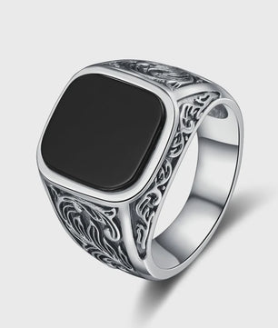 Heren Ring Zwart Onyx Vierkant 12x14mm Vintage Sterling Zilver - Stoere Gothic Statement Ring