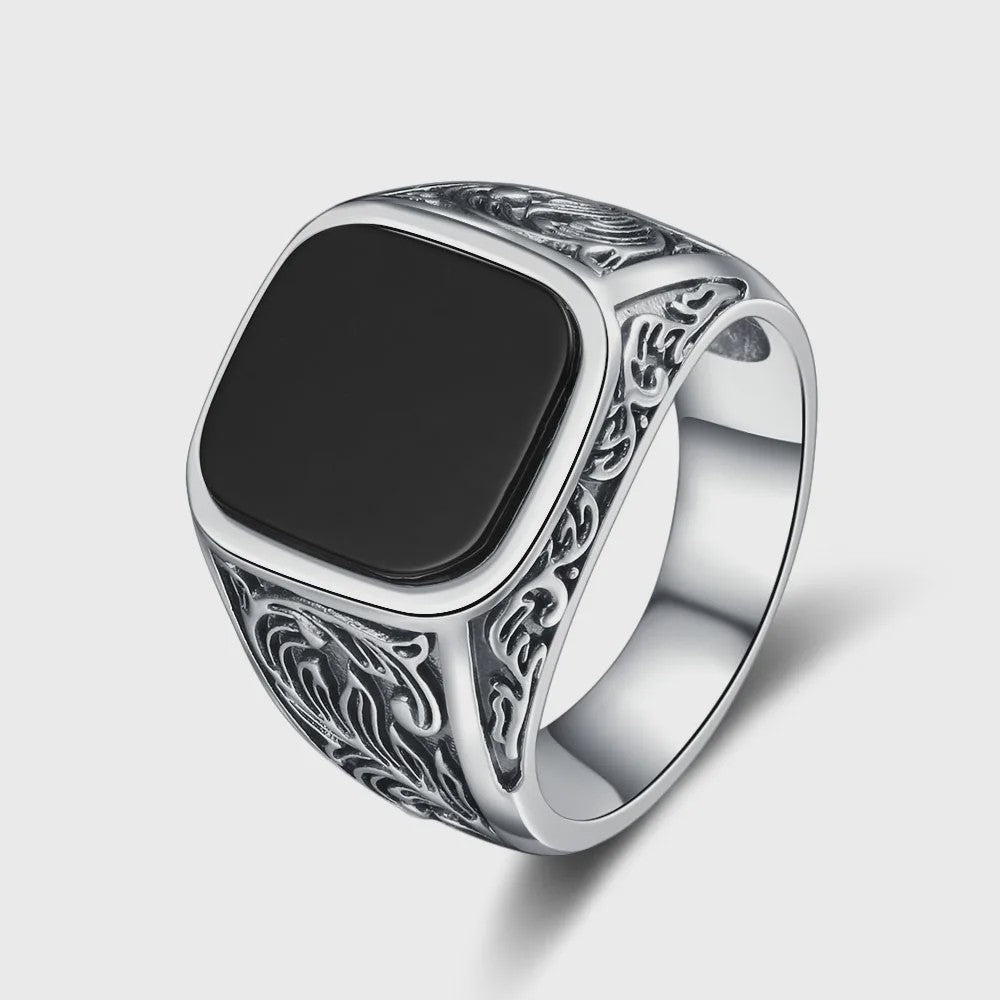 Heren Ring Zwart Onyx Vierkant 12x14mm Vintage Sterling Zilver - Stoere Gothic Statement Ring