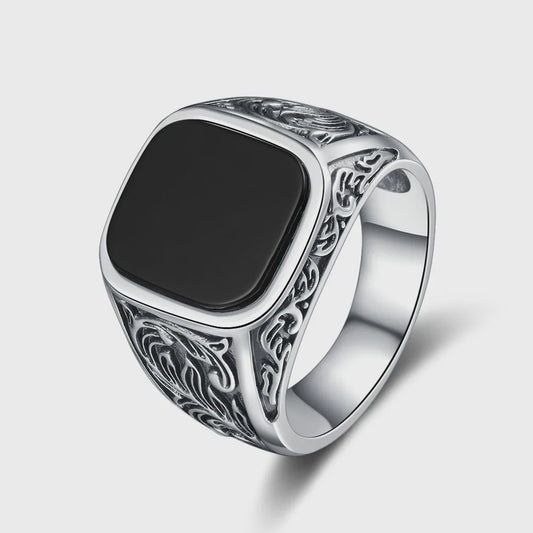 Heren Ring Zwart Onyx Vierkant 12x14mm Vintage Sterling Zilver - Stoere Gothic Statement Ring