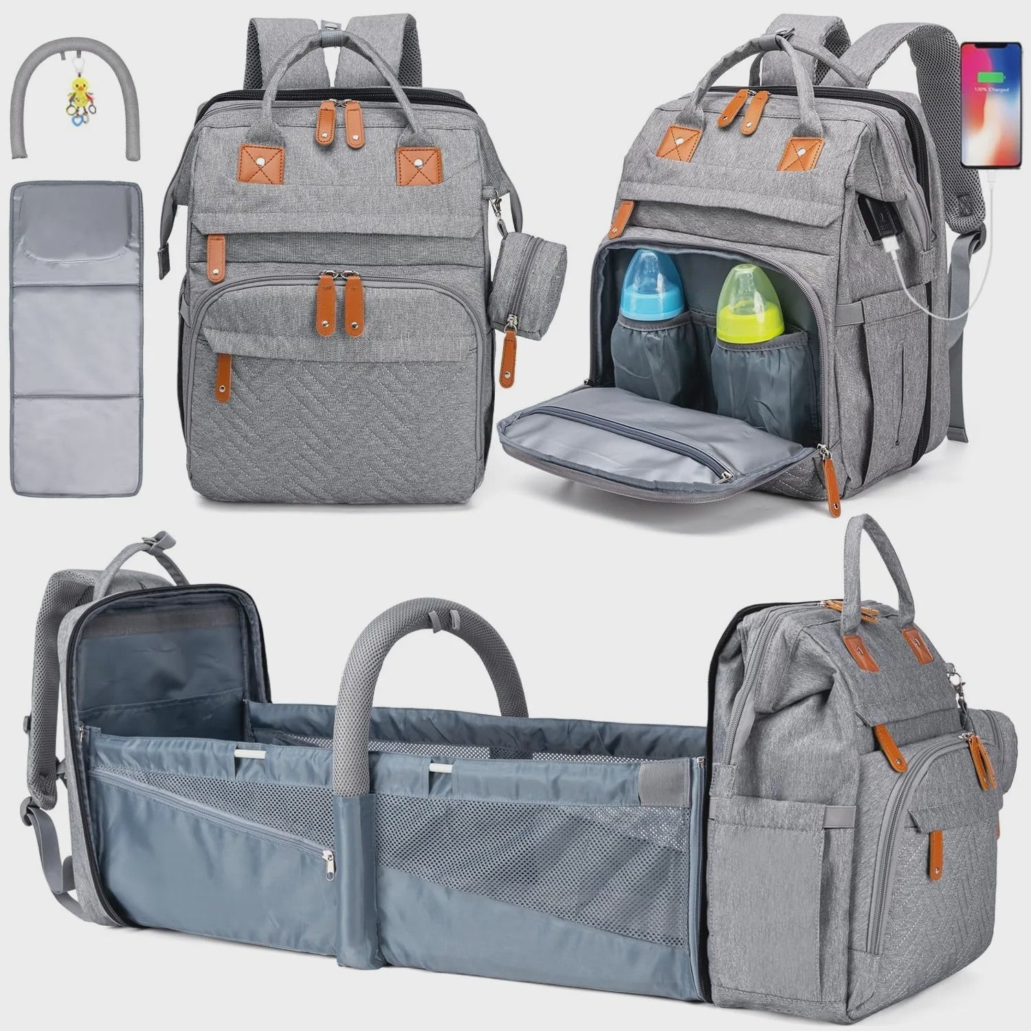 Multifunctionele Baby Luiertas Rugzak met Inklapbaar Babybedje en USB Laadpoort