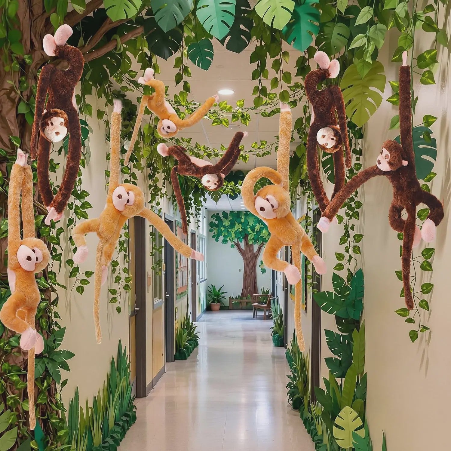 6 Stuks Hangende Pluche Apen met Kunstranken - Jungle & Safari Decoratie