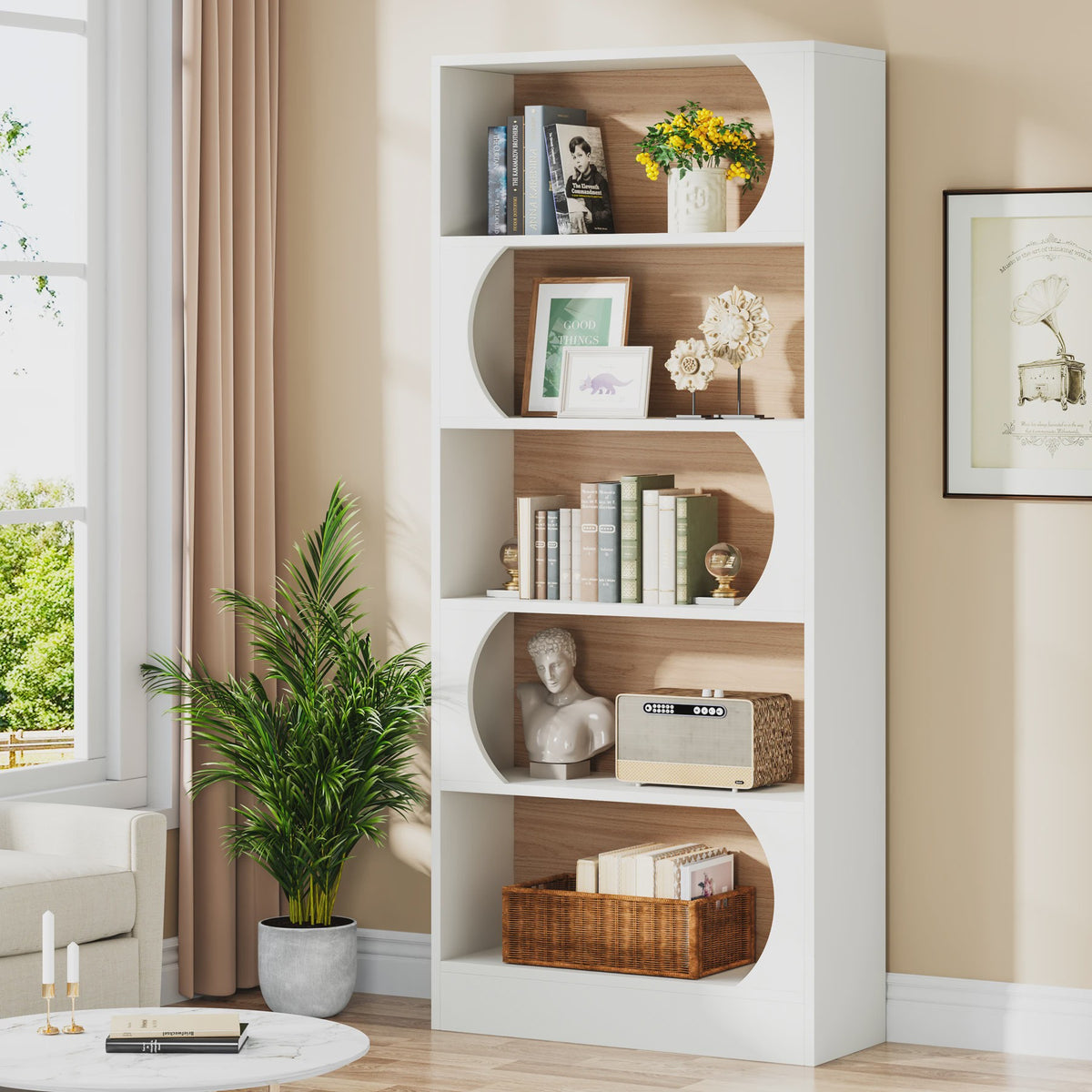 Stijlvolle Boekenkast 5 Lagen - Wit & Walnoot - 180cm Hoog