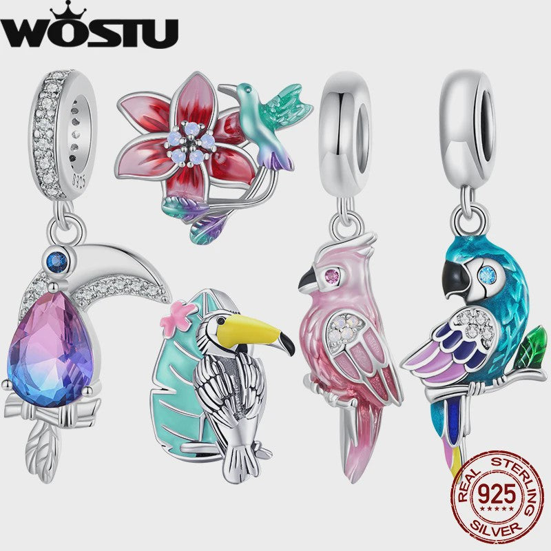 WOSTU 925 Sterling Zilver Papegaai Bedel met Roze Emaille & Kristallen - DIY Sieraden
