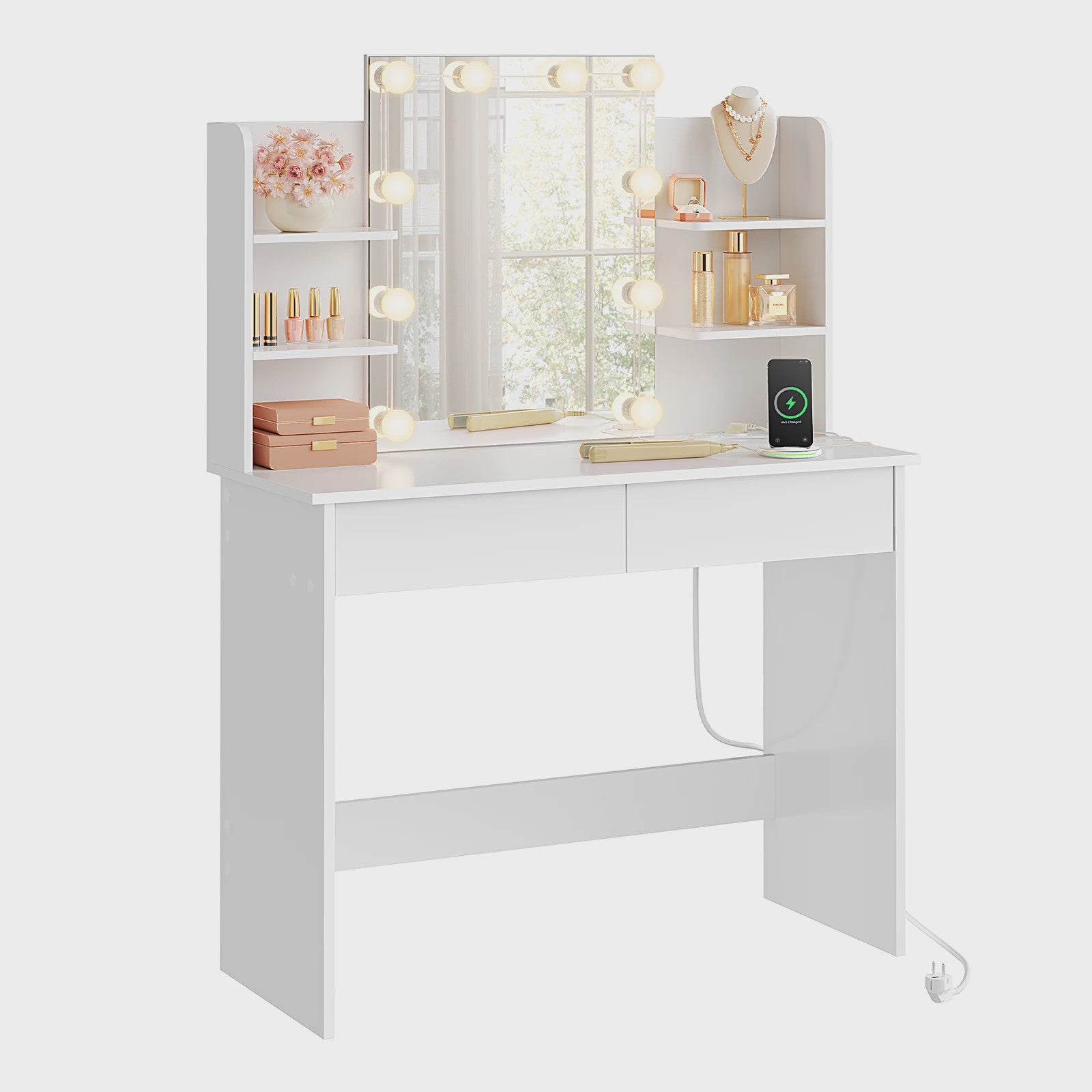 WOLTU Kaptafel met LED Verlichting, Make-up Tafel met Spiegel en Opbergvakken