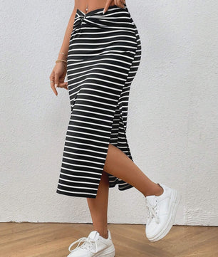 Dames Midi Rok met Streepjes, Knoopdetail en Split