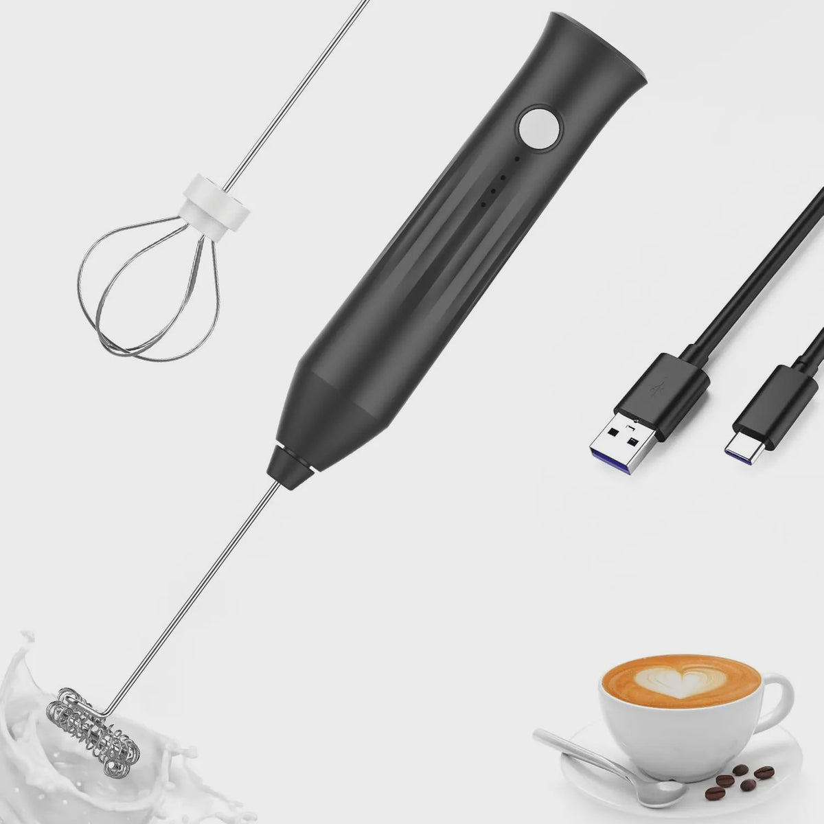 Draadloze Mini Melkopschuimer met USB Opladen - 3 Snelheden & Verwisselbare Opzetstukken
