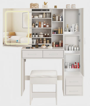 Dressing Tafel met LED Spiegel, 4 Lades en 1 Deur - Wit, Elegant & Modern