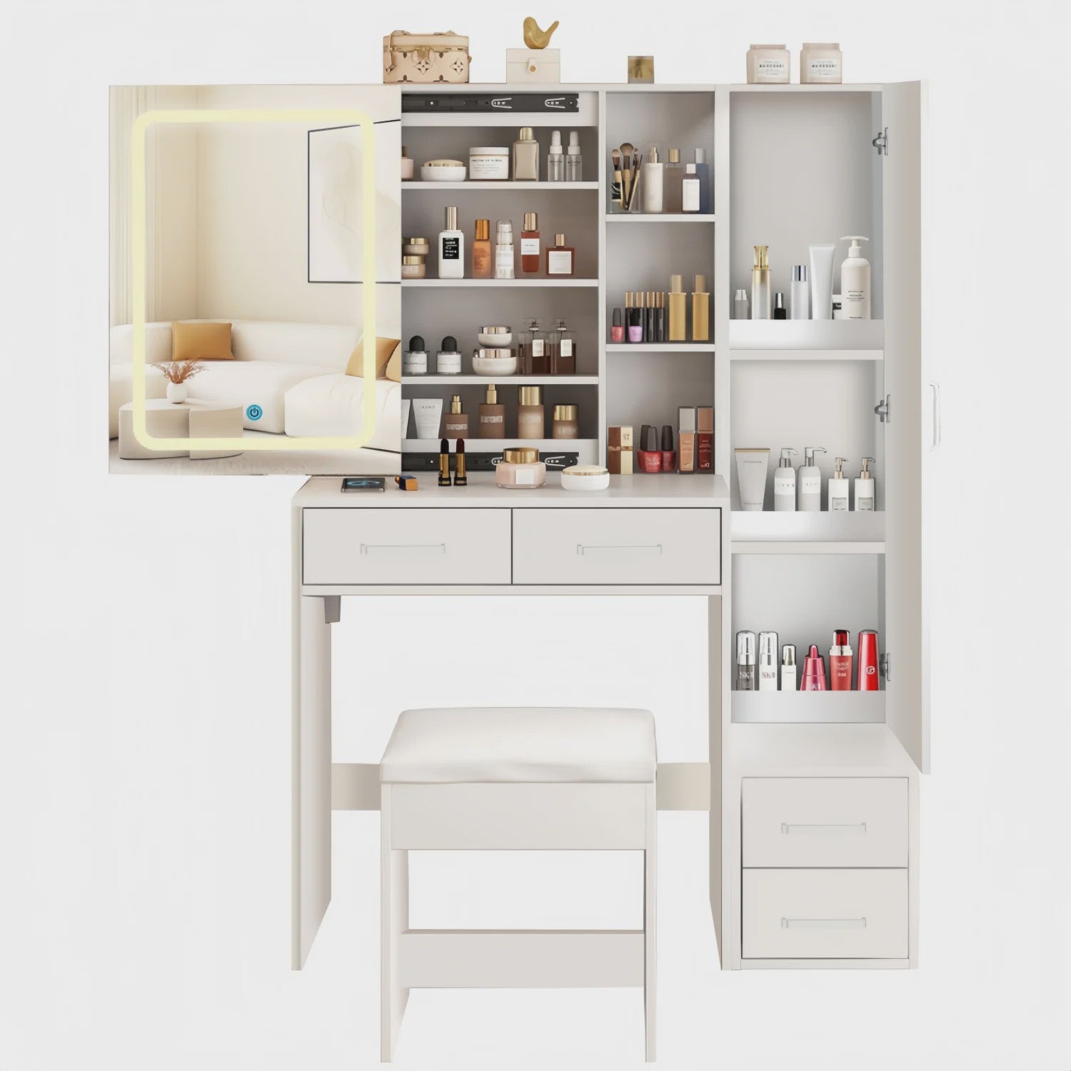 Dressing Tafel met LED Spiegel, 4 Lades en 1 Deur - Wit, Elegant & Modern