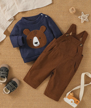 Schattige Baby Jongens Set: Sweater met Beerprint & Corduroy Overalls