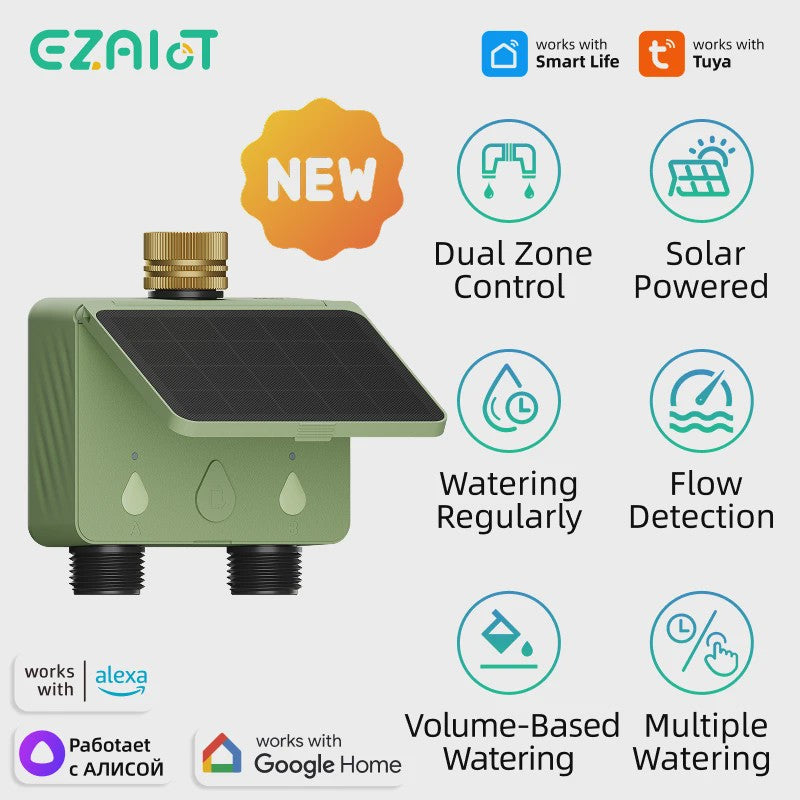 Slimme WiFi Tuinsproeier Timer - 2 Zones, Zonne-energie & App Bediening