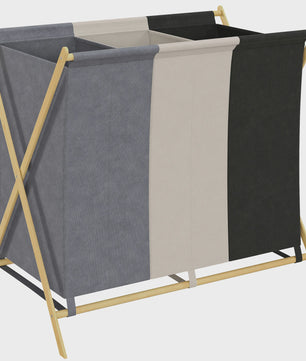 Opvouwbare Wasbox met 3 Vakken - 129L Capaciteit, Bamboe Frame & Uitneembare Zakken