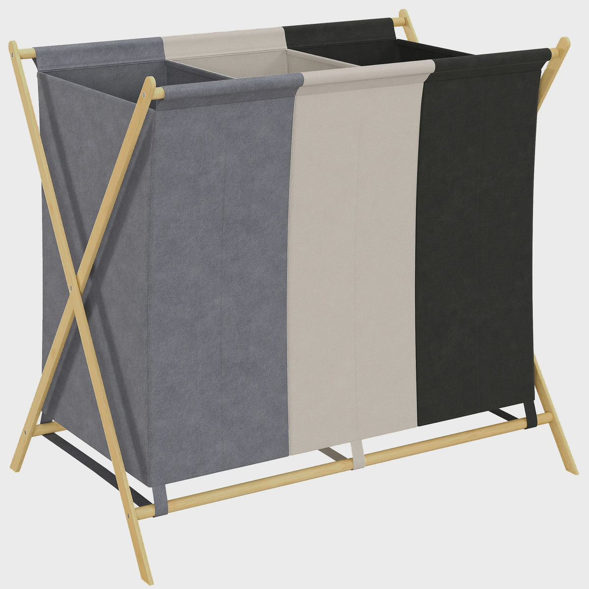 Opvouwbare Wasbox met 3 Vakken - 129L Capaciteit, Bamboe Frame & Uitneembare Zakken