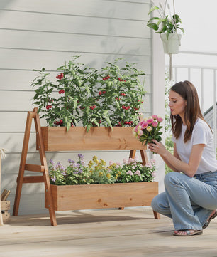 Houten Verhoogd Bed met 2 Bloembakken - Plantenbak voor Balkon & Tuin