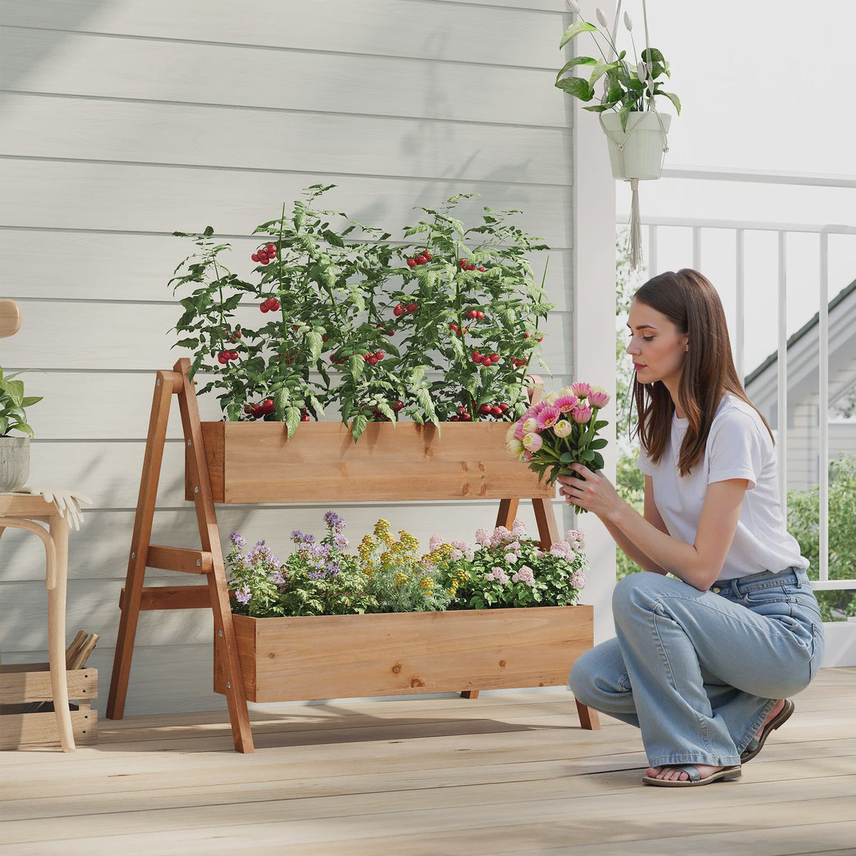 Houten Verhoogd Bed met 2 Bloembakken - Plantenbak voor Balkon & Tuin