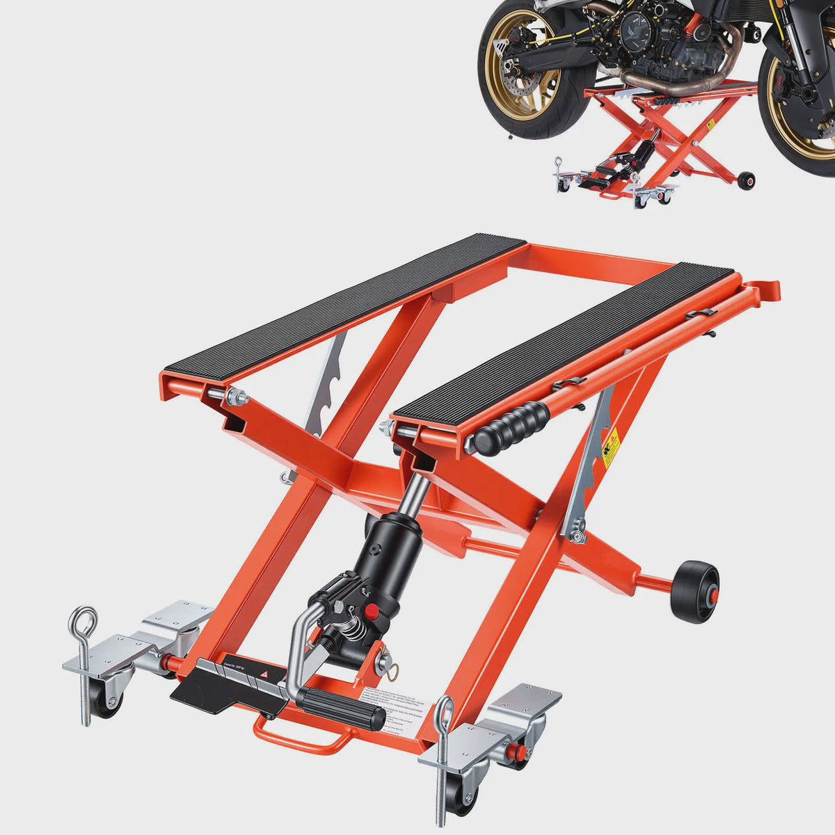 Hydraulische Motorlift Krik 1100/1500 lbs - Voetbediend & 6 Wielen - Voor Motoren & Crossmotoren