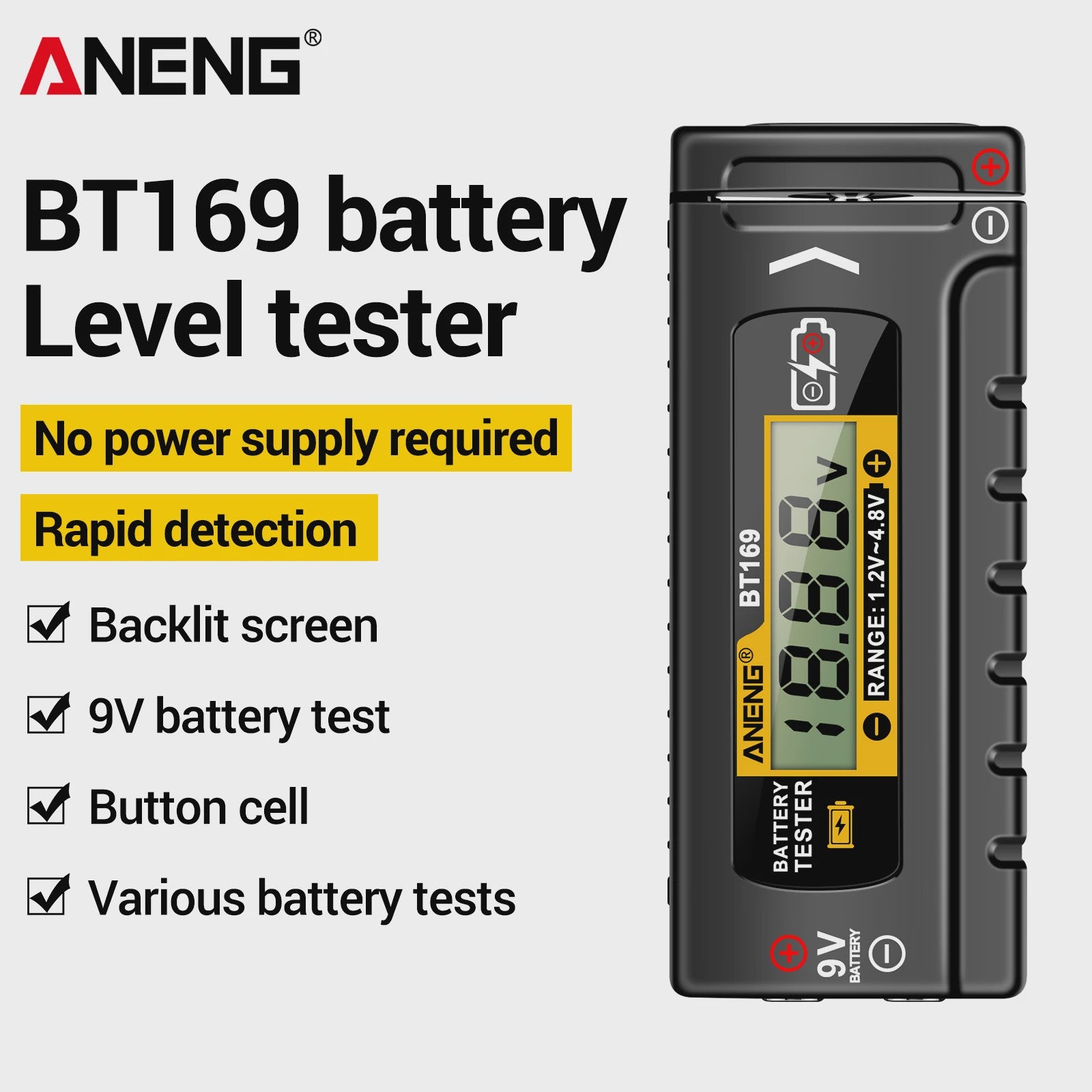 ANENG BT169 Batterij Tester: Meet AA, AAA, 9V, Lithium & Knoopcel Batterijen