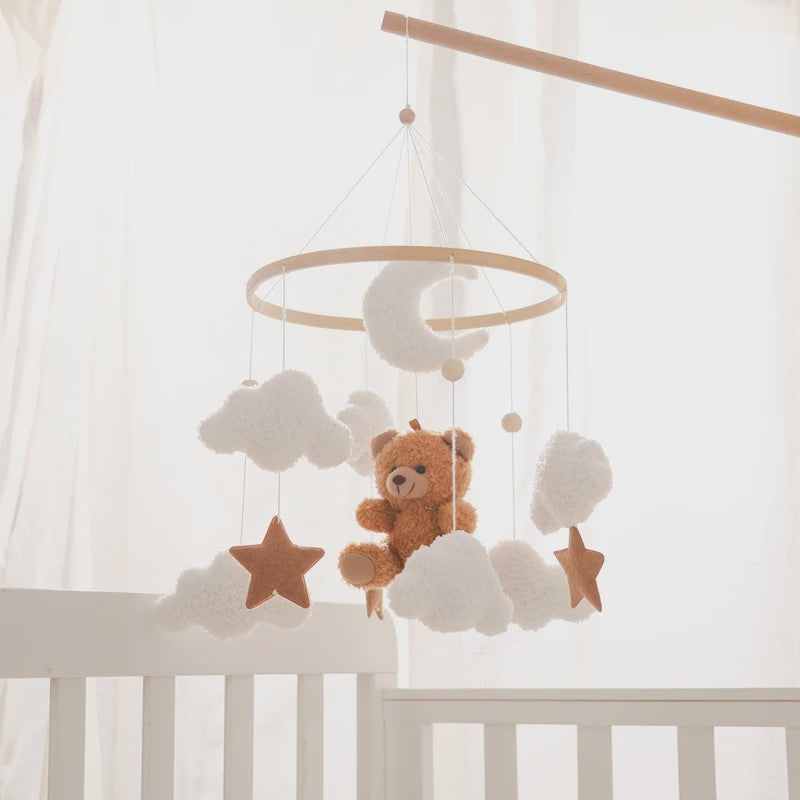 Houten Baby Mobiel voor Ledikant met Teddybeer, Maan en Sterren - Muziek & Rammelaar - Perfect Kraamcadeau