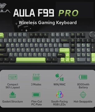 AULA F99PRO Mechanisch Gaming Toetsenbord - 99 toetsen, 3 Modi, Hot-Swappable, Gasket Structuur, Media Knop