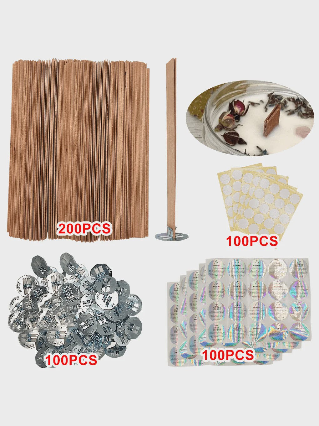 Houten Kaarsen Lonten Set - DIY Kaarsen Maken met Ring, Lijm & Waarschuwingsstickers