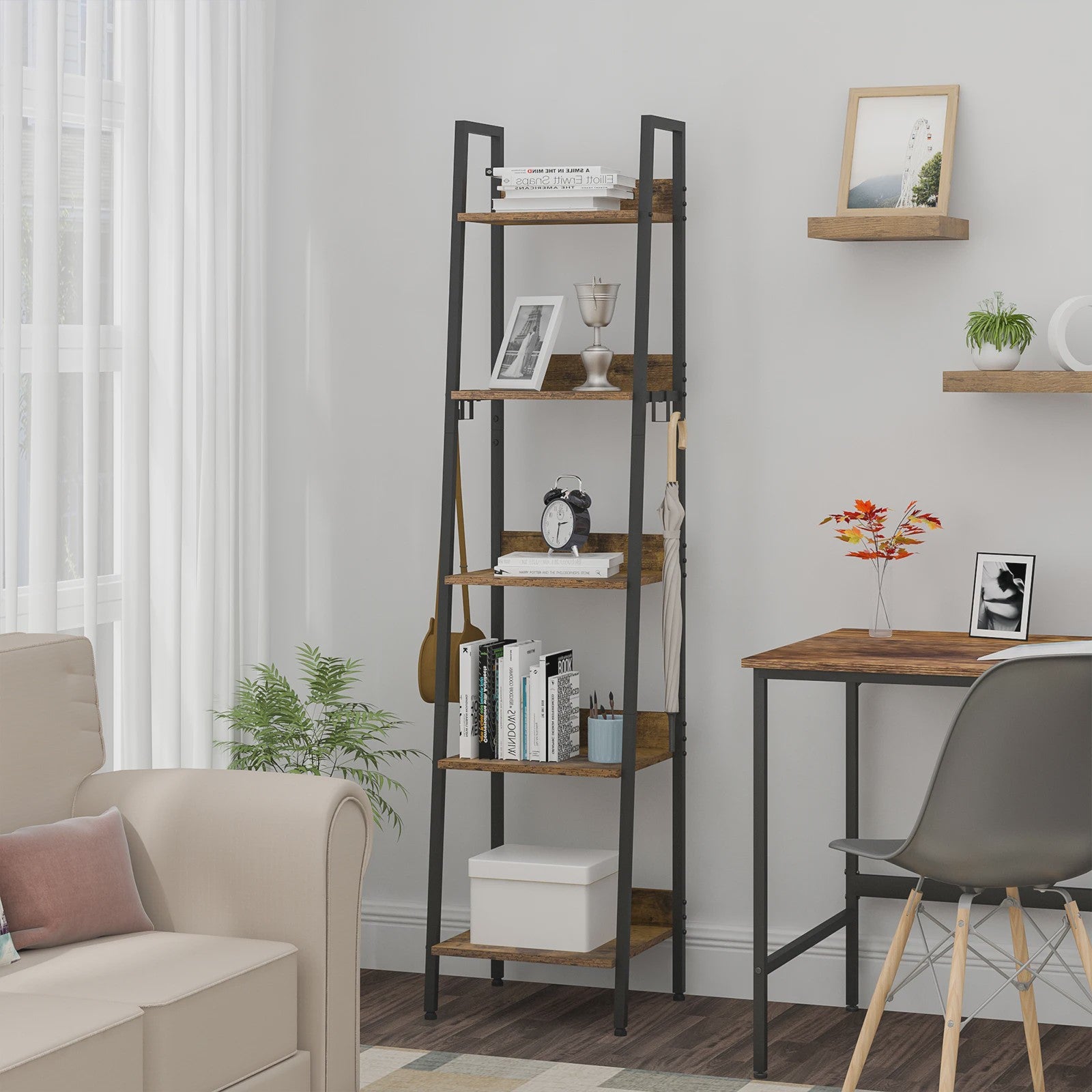 Stijlvolle Boekenkast met 5 Niveaus en Haken - 40x170x36cm