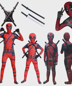 Deadpool Cosplay Kostuum Jumpsuit met Masker en Zwaarden voor Kinderen en Volwassenen