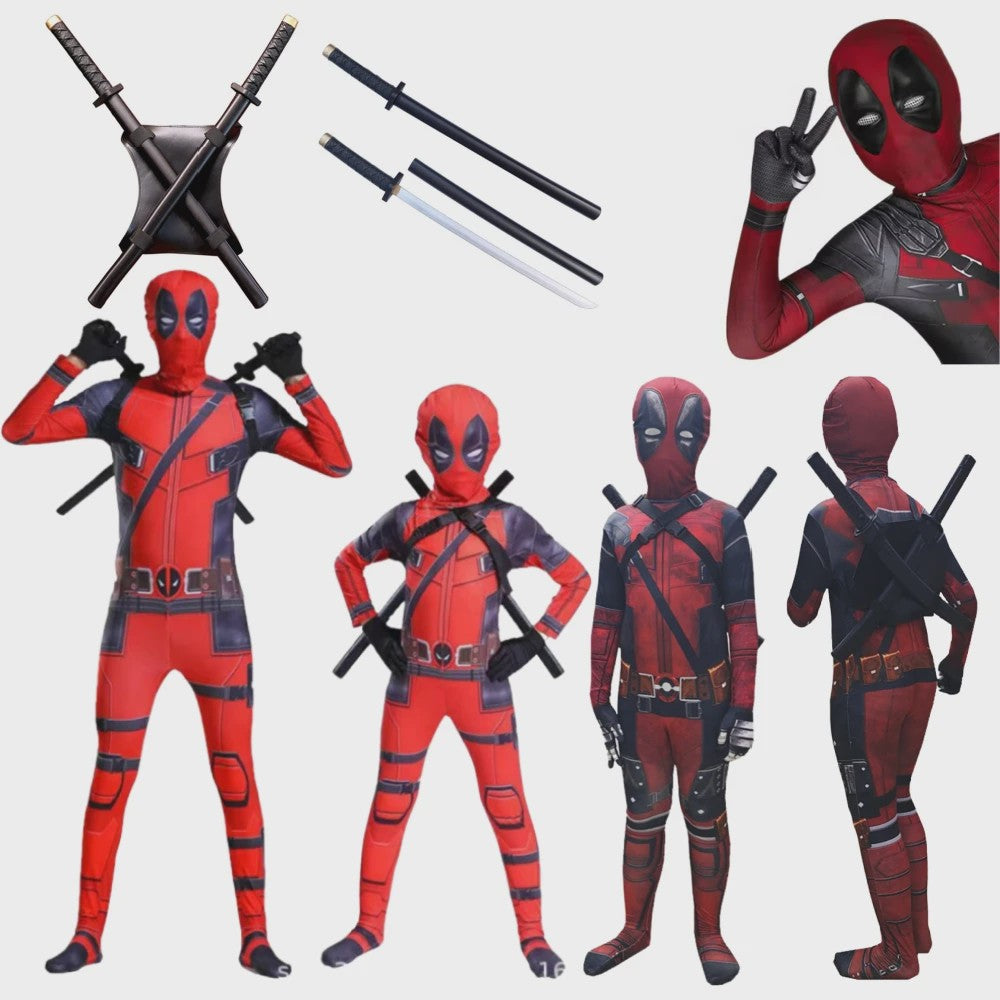 Deadpool Cosplay Kostuum Jumpsuit met Masker en Zwaarden voor Kinderen en Volwassenen