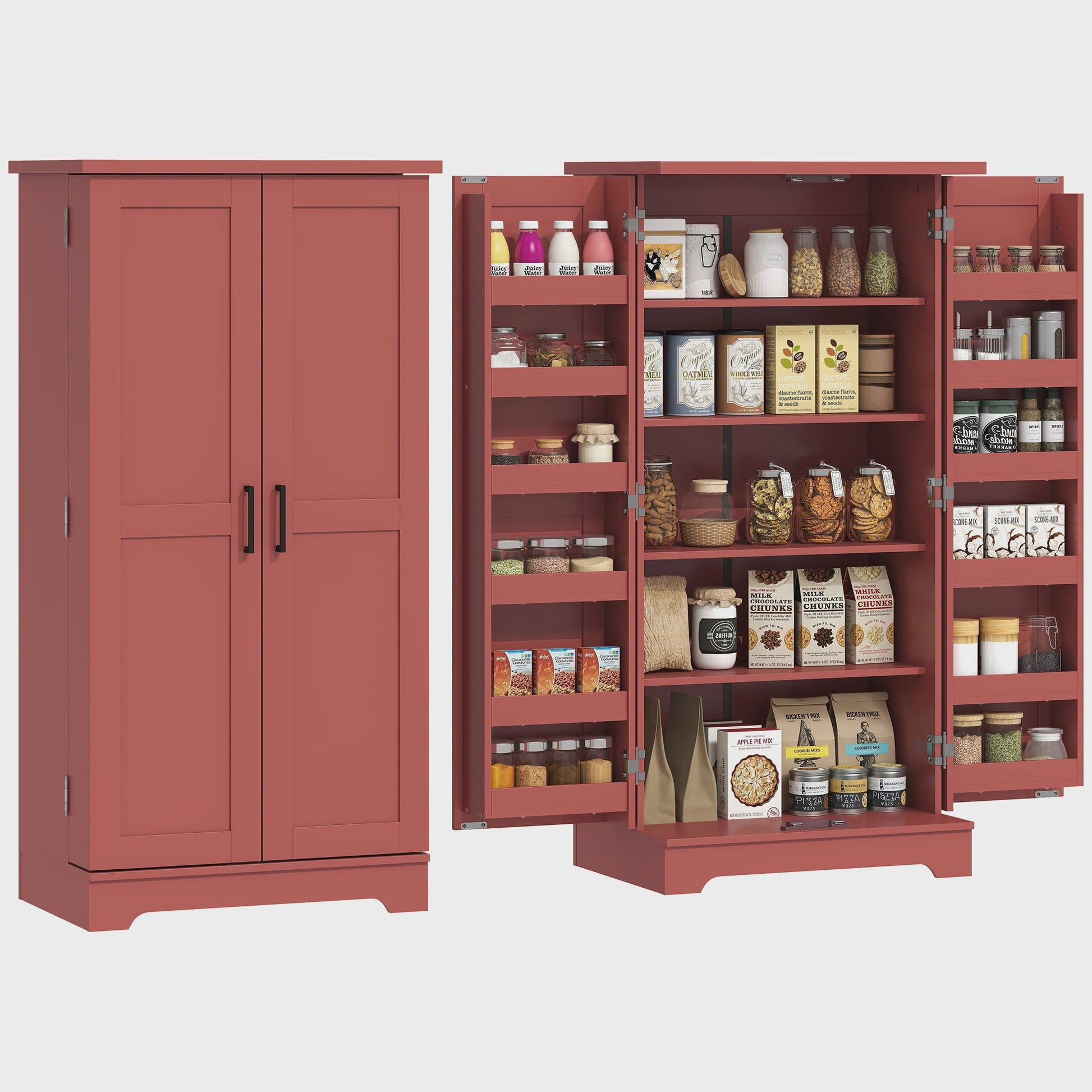 HOMCOM Keuken Dressoir Kast met 5 Niveaus, Deuren en Verstelbare Planken - 60x40x120 cm - Rode Houtnerf