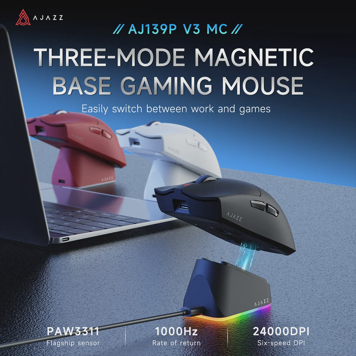 AJAZZ AJ139 V3 MC Draadloze Gaming Muis met RGB Oplaaddock - 24000 DPI, Bluetooth