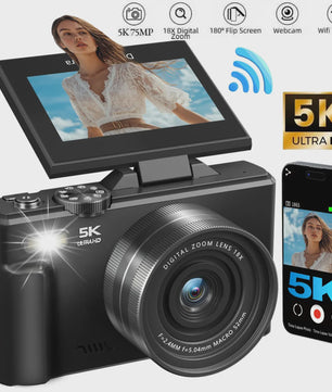 5K Digitale Camera met 75MP, 18x Zoom & 180° Flip Screen - Perfect voor Vlogs, YouTube & Selfies - WiFi