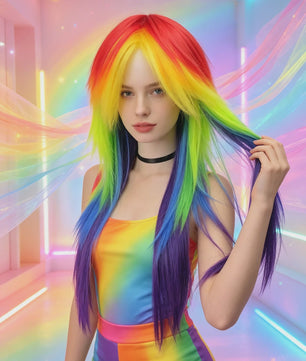 Regenboog Ombre Pruik Lang Recht Synthetisch met Pony - Unisex Cosplay & Feest