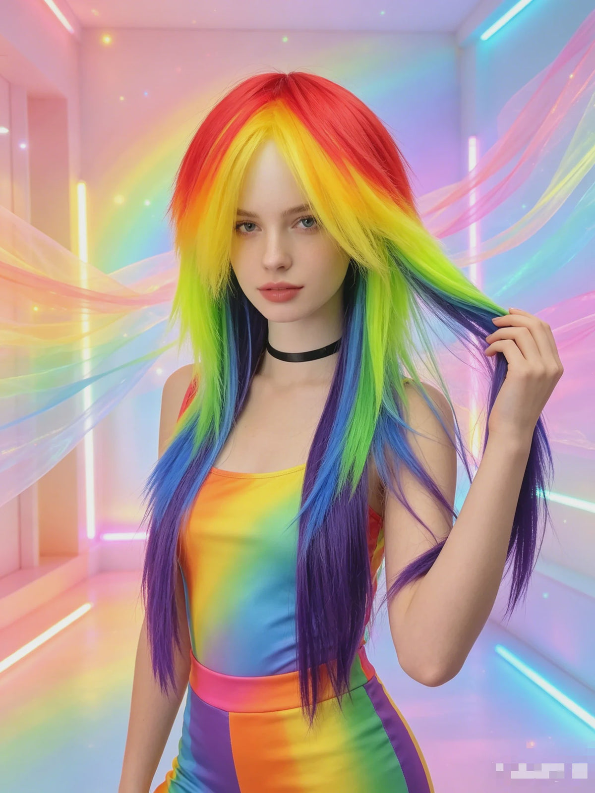 Regenboog Ombre Pruik Lang Recht Synthetisch met Pony - Unisex Cosplay & Feest