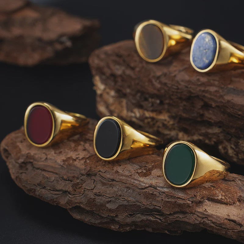 Unisex Vintage Ringen van Roestvrij Staal met Natuursteen (Onyx, Tijgeroog, Lapis Lazuli)
