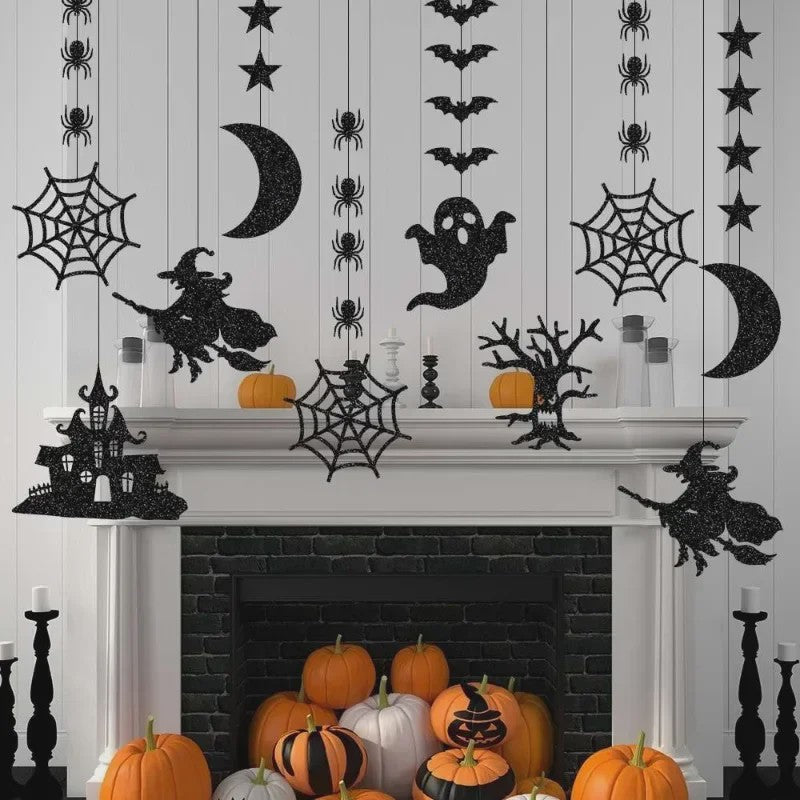 6-delige Halloween Hangende Banner Garland met Spookjes, Heksen en Spinnen