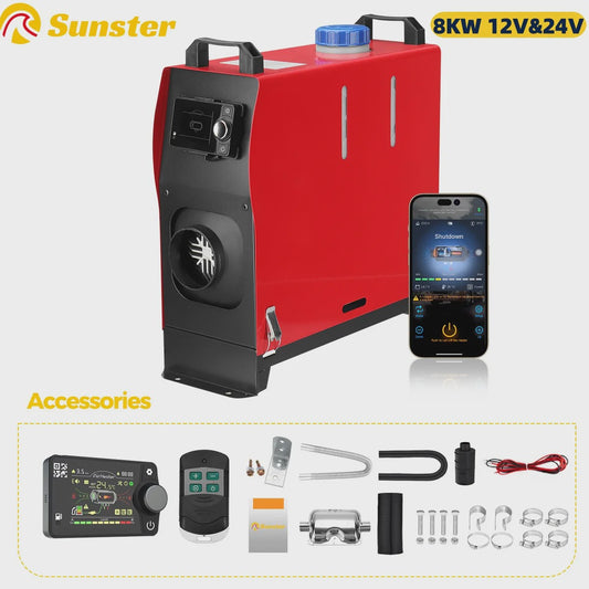 8KW Diesel Luchtverwarmer 12V/24V - All-in-One Parkeerverwarming met LCD, Afstandsbediening & Bluetooth App