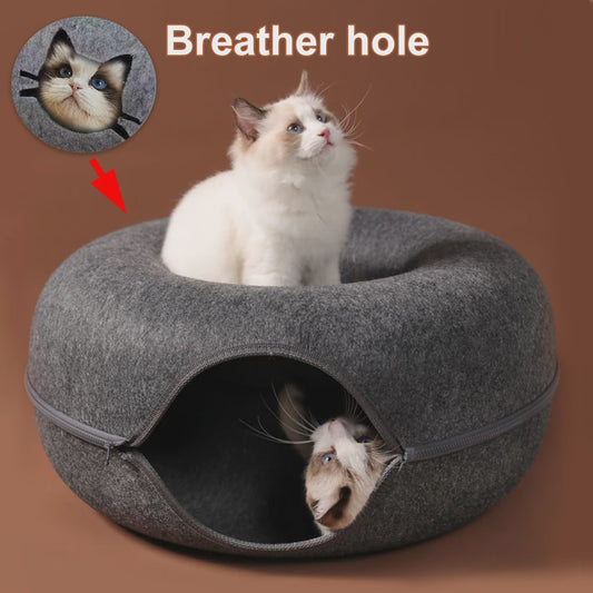 Ronde Katten Tunnel Nest - Comfortabel Vilt Bed en Speelhuisje