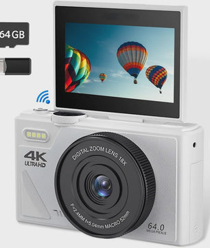 Witte Digitale Camera 64MP met 18x Zoom, WiFi & 3.0" Touchscreen - Ideaal voor Beginners, Kids, Reizen & Vlogging (64GB)