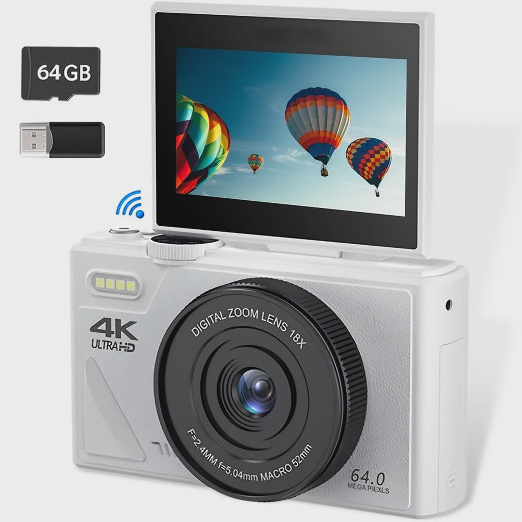 Witte Digitale Camera 64MP met 18x Zoom, WiFi & 3.0" Touchscreen - Ideaal voor Beginners, Kids, Reizen & Vlogging (64GB)