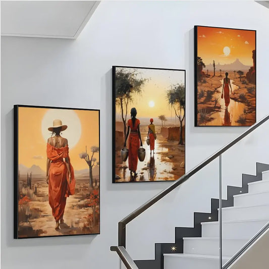 Abstract Canvas Poster: Afrikaanse Vrouwen & Zonneschildering - Wanddecoratie