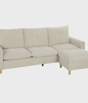 HOMCOM 3-zits bank met opbergpouf - Verstelbare hoek, brede zitting, linnenlook stof, crème