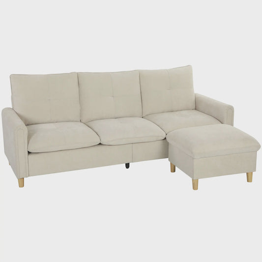 HOMCOM 3-zits bank met opbergpouf - Verstelbare hoek, brede zitting, linnenlook stof, crème