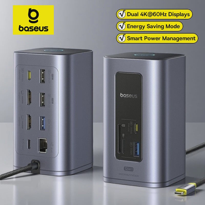 Baseus 12-in-1 USB-C Docking Station: 4K HDMI, Dual Display, RJ45, PD 100W