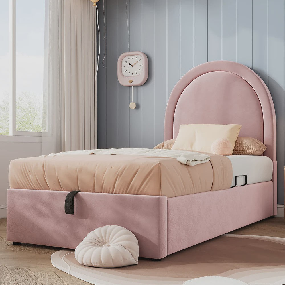 Roze Velvet Kinderbed 90x200 cm met Opbergruimte - Stijlvol en Comfortabel