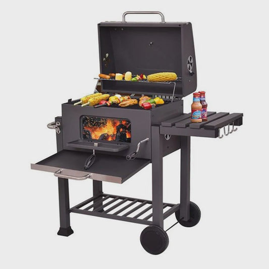 Stevige Houtskool Barbecue Grillwagen met Verstelbare Kolenlade en Handige Haken